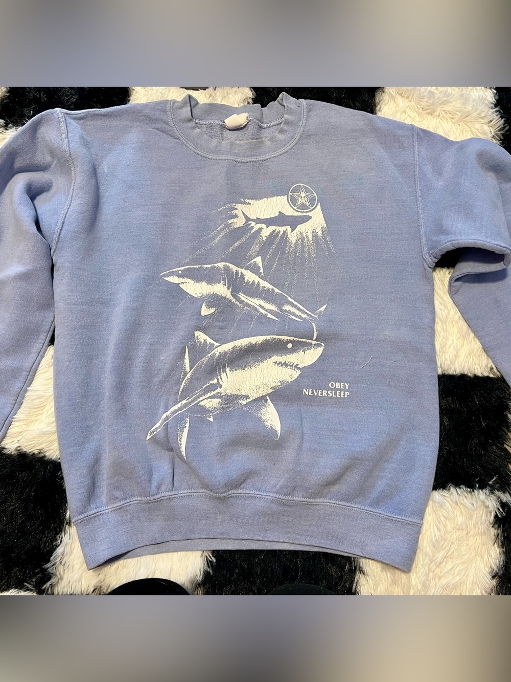 Obey Blue Crewneck Sweatshirt with White Shark Graphic
